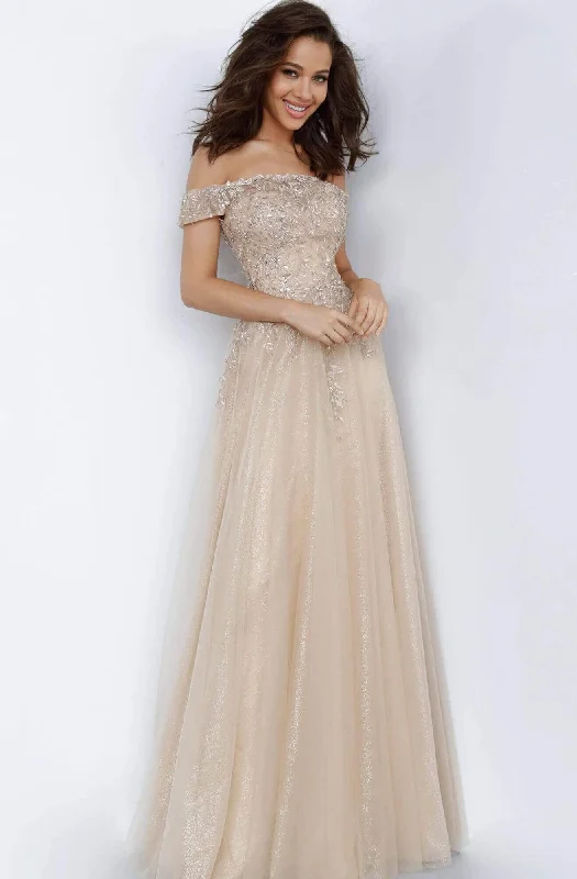 A - line formal dresses with beaded lace appliques for formal eventsJVN by Jovani - JVN2004 Lace Appliqued Off-Shoulder Dress