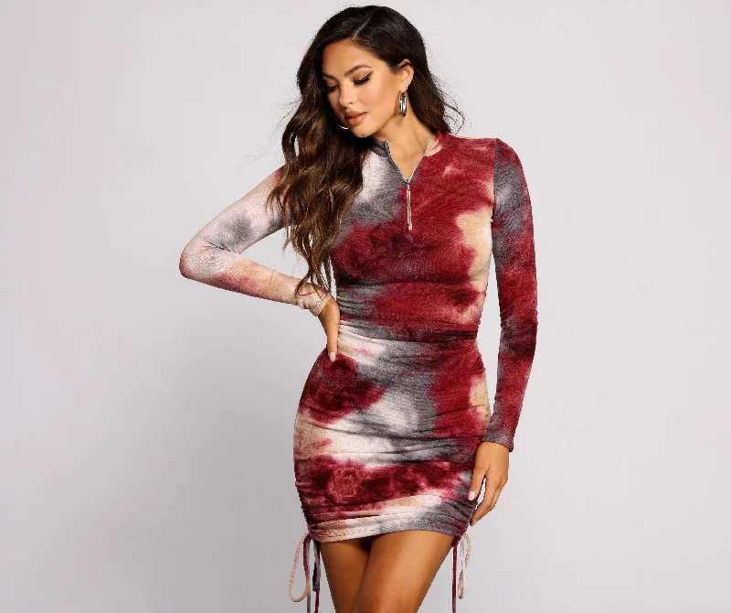 Strapless Women Dress with a Built - in Bra for Comfort and SupportKeeping Knit Retro Tie Dye Ruched Mini Dress