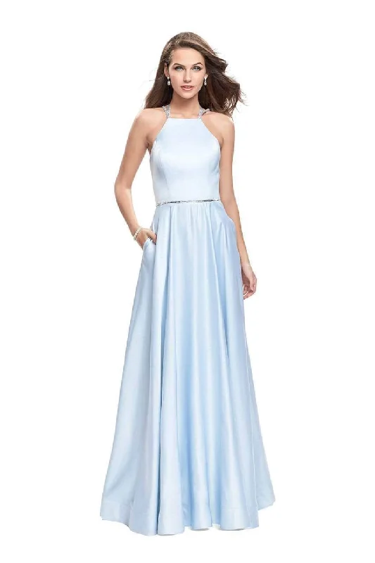 Formal dresses with pleated yokes and button - up fronts for a classic and refined lookLa Femme - 26269 Sleeveless Halter Prom Gown