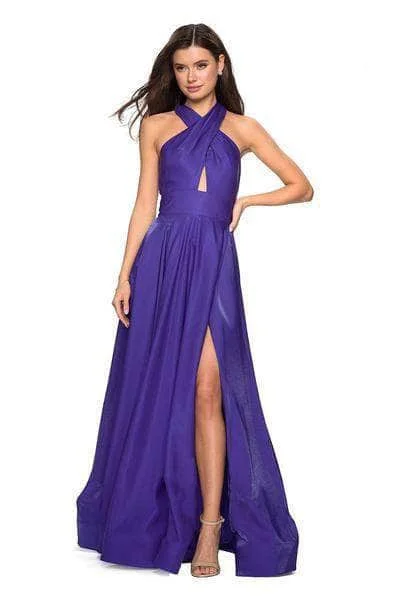 Prom dresses with one - shoulder ruffled straps and geometric patterns for a contemporary and eye - catching formal eventLa Femme - 27151 Sleeveless Crisscross Halter Long Gown