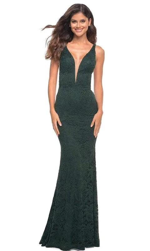 A - line formal dresses with beaded lace appliques for formal eventsLa Femme - 29732 Plunging Beaded Lace Gown