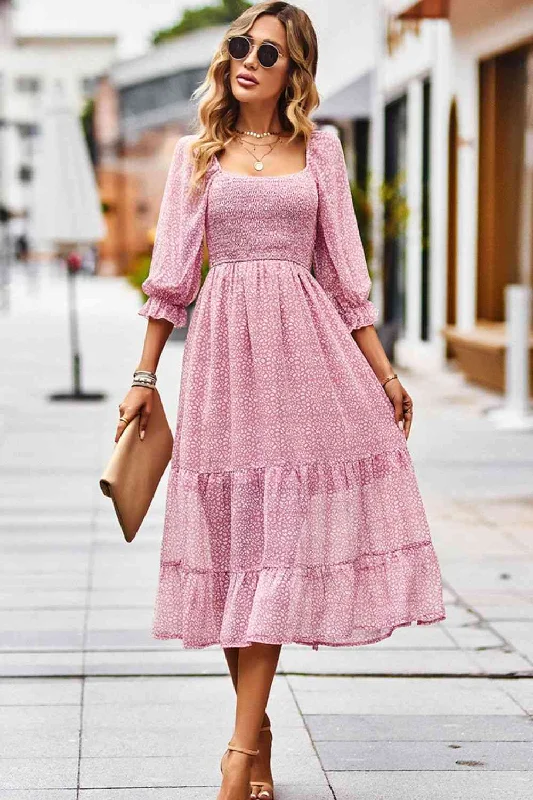 Ruffled Women Dress with Multiple Layers for a Playful and Girly StyleLeopard Square Neck Flounce Sleeve Midi Dress