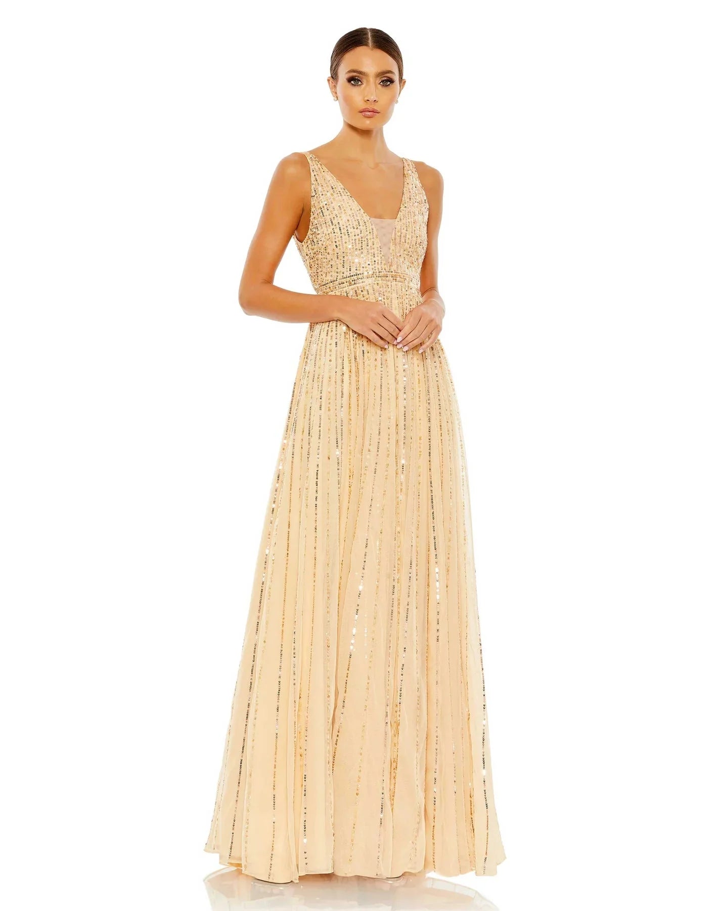 Sequined formal dresses with open backs for a sexy prom styleMac Duggal 10700 - Deep V-Neck Sequin Prom Gown