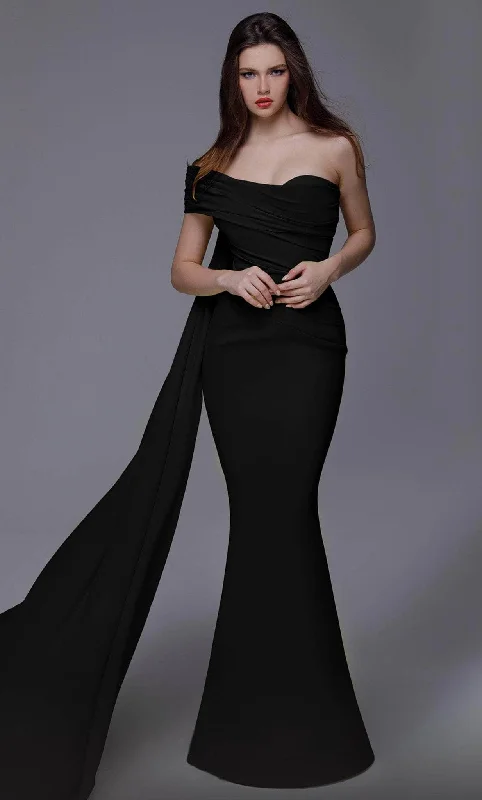 Prom dresses with illusion necklines and crystal embellishments for a formal affairMNM Couture 2718 - One-Sleeve Mermaid Evening Gown