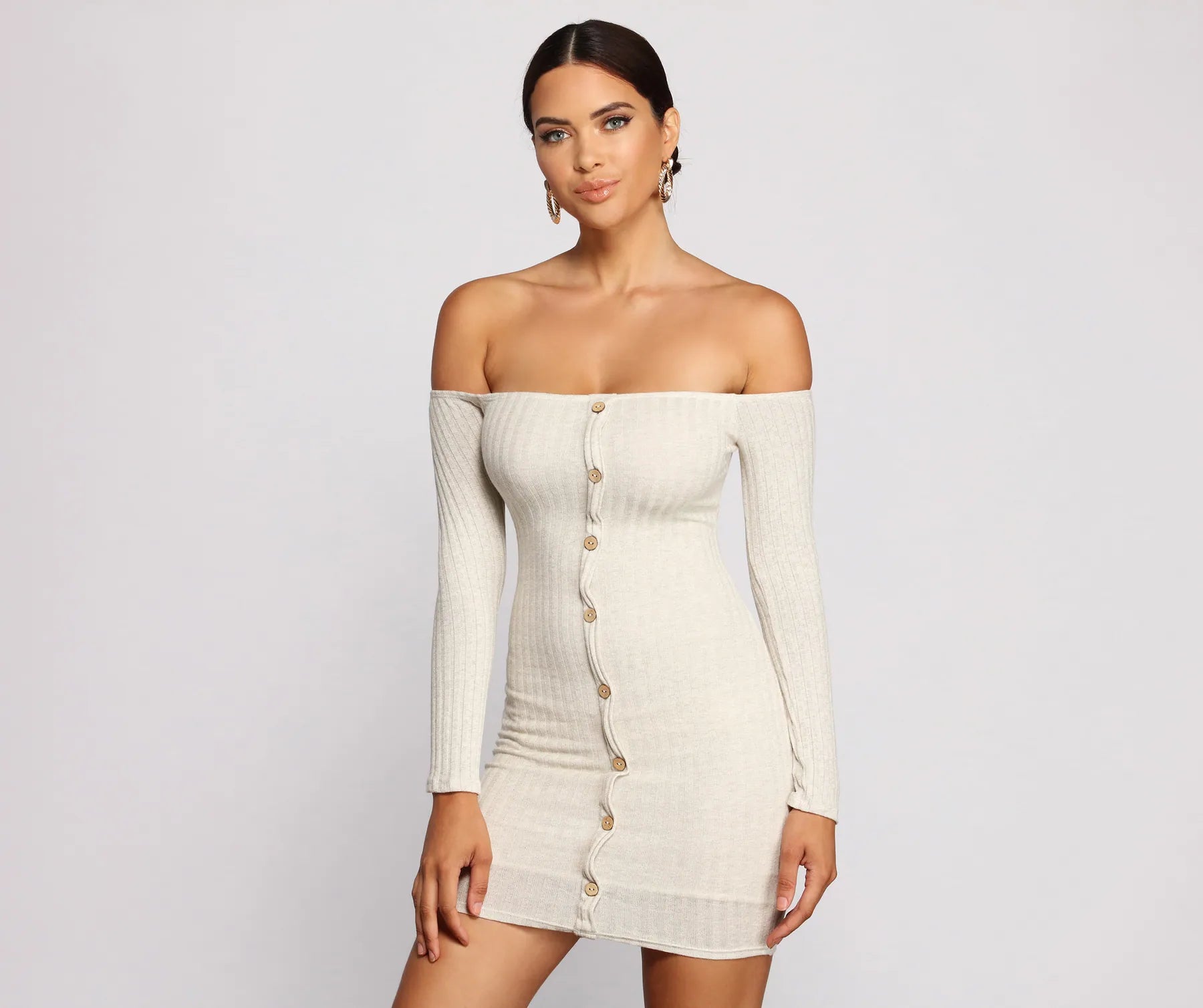 Ruffled Women Dress with Multiple Layers for a Playful and Girly StyleOff The Shoulder Button Down Mini Dress