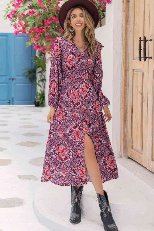 Lace - Embellished Women Dress for an Elegant and Sophisticated AppearancePrinted Long Sleeve Slit Midi Dress