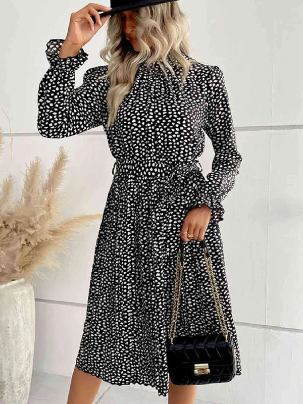 Printed Abstract Women Dress for a Modern and Artistic AppealPrinted Tie-Waist Flounce Sleeve Keyhole Midi Dress