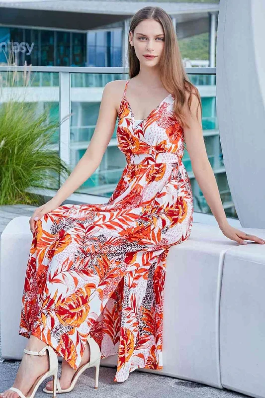 Strapless Women Dress with a Built - in Bra for Comfort and SupportPrinted V-Neck Spaghetti Straps Slit Midi Dress