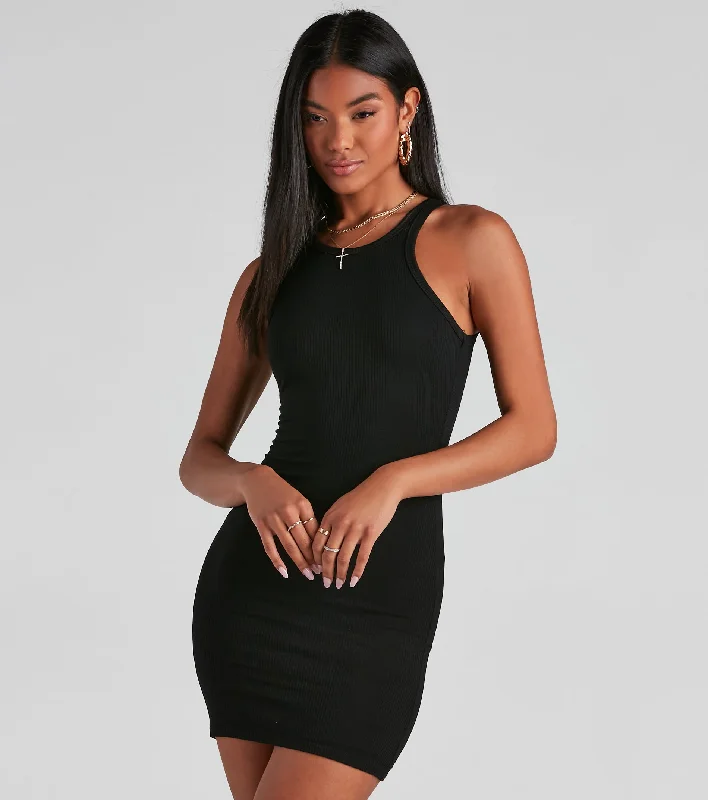 Strapless Women Dress with a Built - in Bra for Comfort and SupportRibbed Knit Crew Neck Bodycon Mini Dress