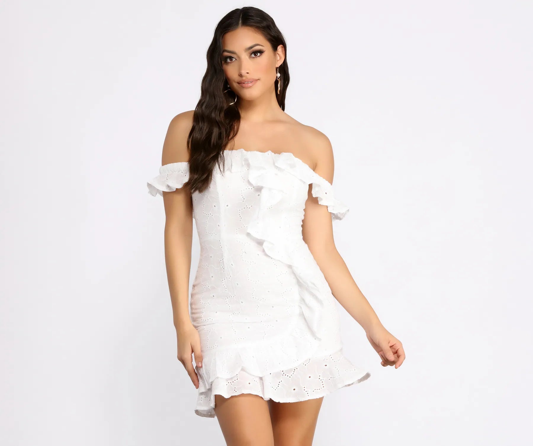 Empire Waist Women Dress to Accentuate the Bust and Conceal the WaistRuffle Detail Eyelet Off The Shoulder Mini Dress