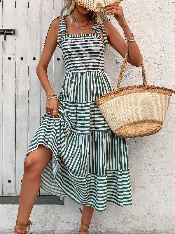 Off - the - Shoulder Women Dress for a Romantic and Feminine LookChic smocked striped midi dress