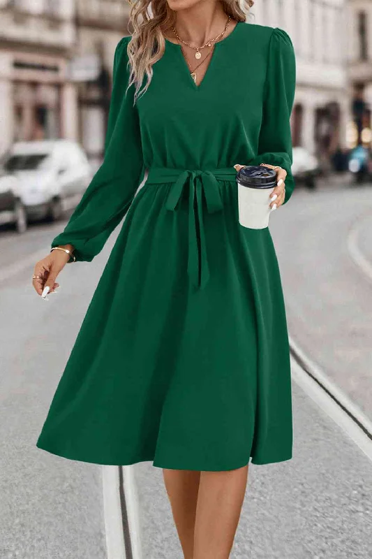 Shift Women Dress with a Simple and Classic Design for Everyday WearTie Waist Notched Neck Long Sleeve Dress