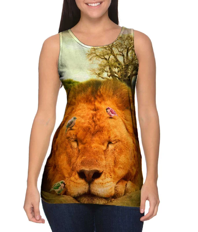 Plus Size Women's Glitter - Trimmed Tank Tops for Party NightsSleeping Lion And Birds