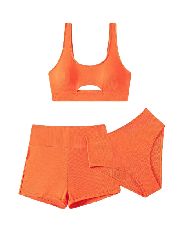 String bikini for a minimalistic and sexy beach style3 Pack Basic Orange Ribbed Bikini & Shorts Set