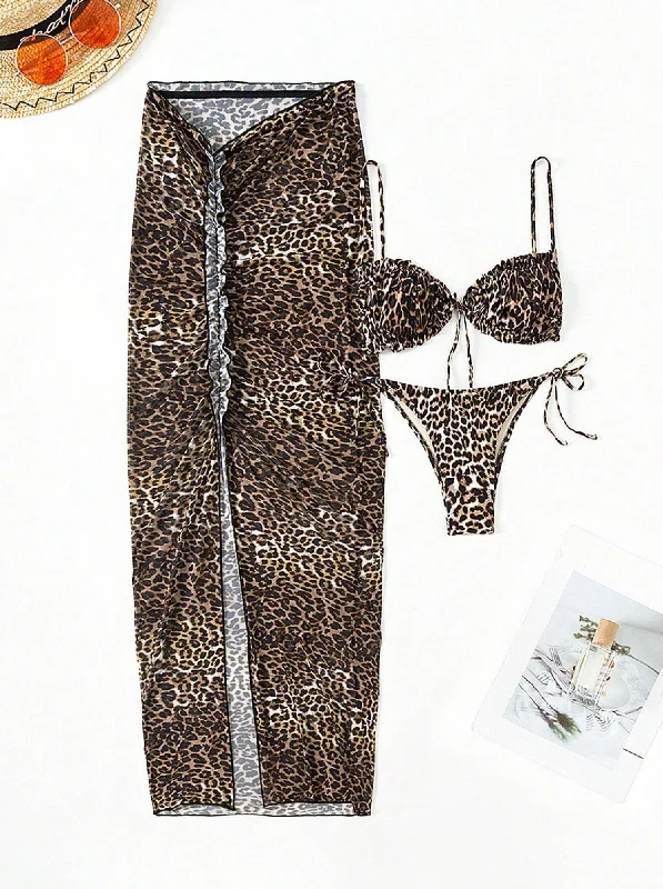 Ruched bikini with fabric gathers for a slimming effect3 Pack Leopard Bikini & Sarong Set