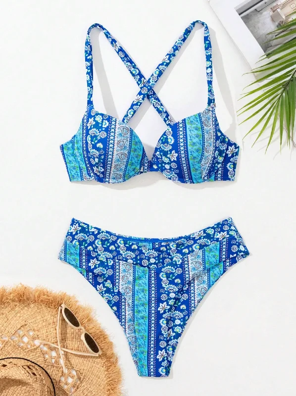 Convertible bikini that can be worn in multiple styles for versatilityBlue Paisley Lace Up Bikini Set