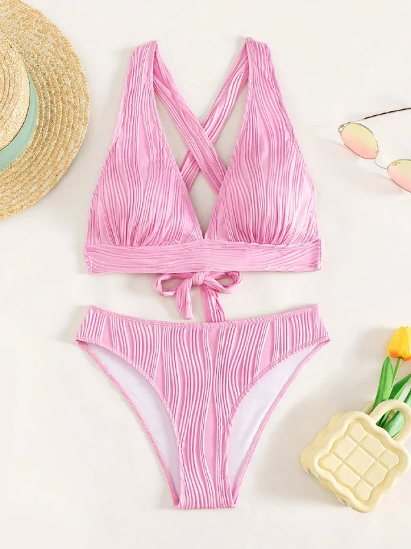 Lace - trimmed bikini for an elegant and romantic touchBubblegum Pink Textured Triangle Bikini