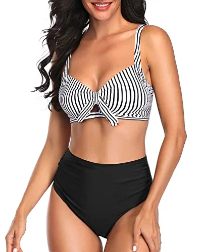 Push - up bikini top to enhance the bust for a confident beach appearanceRuched Tummy Control Women Two Piece High Waisted Bikini Set-Black And White Stripe