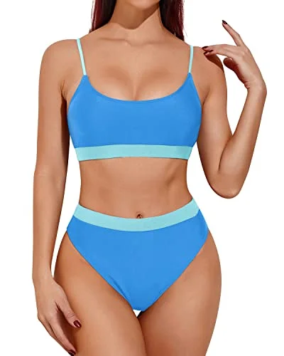 Lace - trimmed bikini for an elegant and romantic touchTummy Control & Slimming High Waisted Bikini Sporty Scoop Neck Swimsuits-Light Blue And Light Green