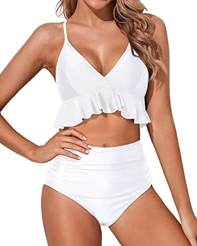 Monokini - style bikini with a unique one - piece - meets - bikini designWomen's Feminine Flounce Hemline Bikini-White