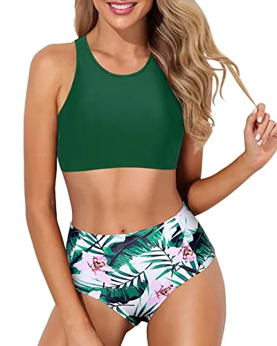 Floral - printed bikini for a feminine and colorful beach vibeFull Coverage High Neck Racerback Two Piece Bikini Set-Green Tropical Floral