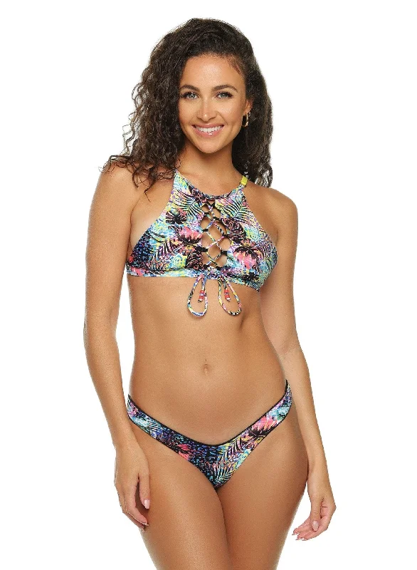 High - performance bikini with quick - drying fabric for active swimmersValentina Laced Front Halter Bikini Top - Leaf It Up To The Sun Abstract Print