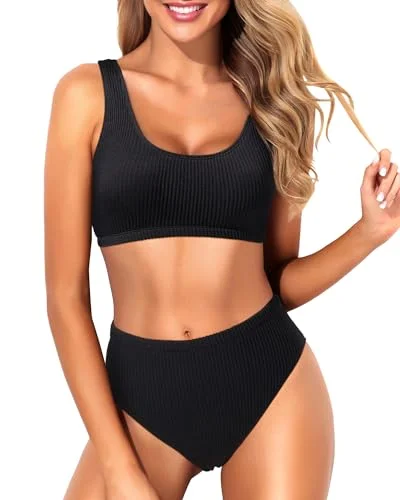 UV - protection bikini for safe sun exposure during beach daysWomen Two Piece Scoop Neck Bikini Crop Top High Cut Swimsuit Sporty High Waisted Bathing Suit with Bottoms