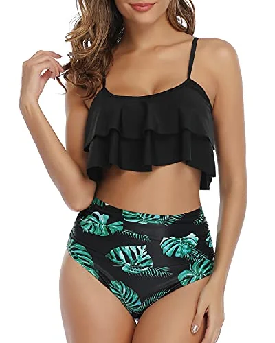 Lace - trimmed bikini for an elegant and romantic touchTwo Piece Double Tiered Ruffle Flounce Crop Top Bikini Set-Black Leaf