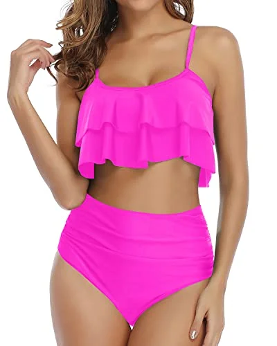 UV - protection bikini for safe sun exposure during beach daysFigure Flattering Ruched High Waisted Bikini Set-Neon Pink