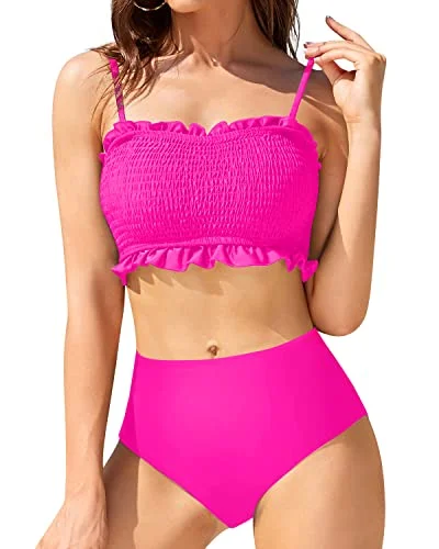 Lace - trimmed bikini for an elegant and romantic touchStrapless Shirred Swim Top Smocked 2 Piece Swimsuit-Neon Pink