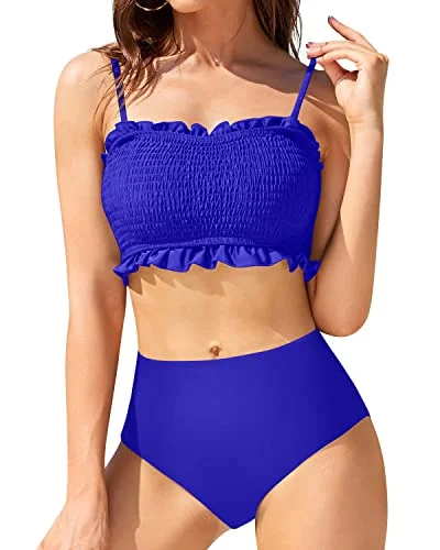 Ruched bikini with fabric gathers for a slimming effectWomen's Bandeau Two Piece Smocked Ruffled Bikini-Royal Blue