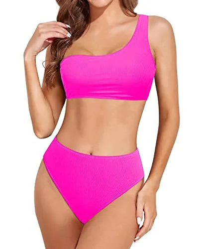 UV - protection bikini for safe sun exposure during beach daysHigh Cut Two Piece Bikini One Shoulder For Women-Neon Pink