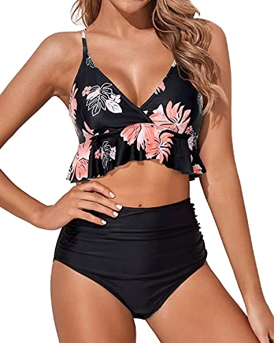 UV - protection bikini for safe sun exposure during beach daysFlouncy Ruffle High Waisted Bikini Swimsuits Deep V Neck-Black Orange Floral