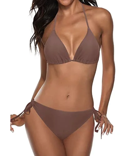 Push - up bikini top to enhance the bust for a confident beach appearanceHalter Padded Top Tie Side Bottom Triangle Push Up Bikini-Light Brown