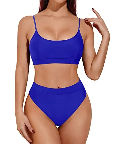 Sustainable bikini made from recycled materials for eco - conscious beachgoersAdjustable Spaghetti Straps High Waisted Bikini Sporty Scoop Neck Swimsuits-Royal Blue