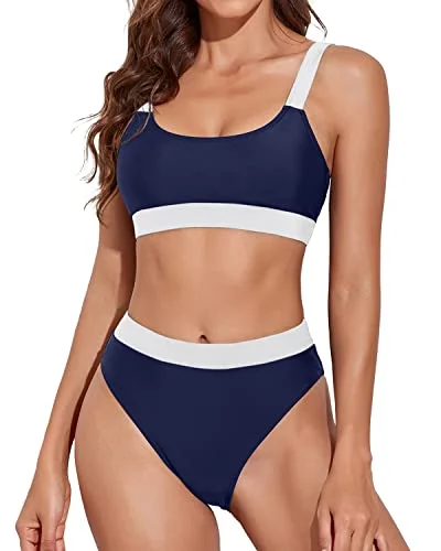 Monokini - style bikini with a unique one - piece - meets - bikini designWomen High Rise Athletic Bathing Suits Sporty Scoop Neck Bikini-Navy Blue And White